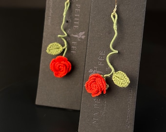 Red Rose Crochet Statement Earrings for Her Micro Crochet Mismatch Long Drop Statement Earrings Long Drop Earrings Anti Valentine's Day Gift