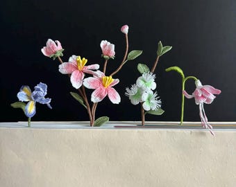 Pear Peach Fuchsia Iris Bookmark Micro Crochet Spring Gift For Mom Daughter Newborn Birthday Pastel Floral Handmade Garden Reading Accessory