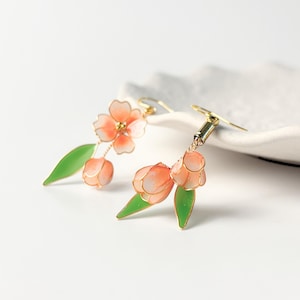 Pfirsich Blumen Ohrringe Mismatch Valentinstag Pink Floral Botanische S925 Sterling Silber Wired Handgemachte baumeln Schmuck Braut Leicht
