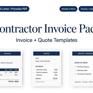 May include: A digital contractor invoice pack featuring A4 and US Letter printable PDF templates. The set includes editable Word documents for invoices, quotes, and scope of work forms with dark blue headers and white backgrounds for professional use.