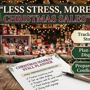 Könnte beinhalten: Ein Weihnachtsmarkt-Standplaner als Checkliste auf einer Holzoberfläche mit einem Stift. Das Dokument enthält den Text "CHRISTMAS MARKET STALL PLANNER" und "STALL PREPARATION CHECKLIST" mit Kontrollkästchen. Im Hintergrund ein Marktstand.