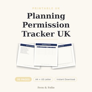 Può includere: Un set di documenti stampabili Planning Permission Tracker UK con 30 pagine in formato A4 e US Letter. Il design include una lista di controllo, un tracker delle condizioni e una pagina per schizzi con intestazioni blu scuro su sfondo crema.