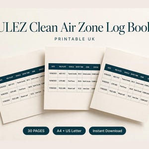 Puede incluir: Un documento imprimible ULEZ Clean Air Zone Log Book con tres páginas que muestran tablas para registrar fechas, matrículas, modelos de vehículos, horas de entrada, zonas y estado de cumplimiento. Incluye etiquetas de 30 pages, A4, US Letter e Instant Download.