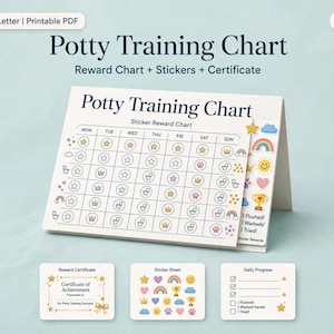 Peut inclure: Un ensemble de tableau d'apprentissage de la propreté imprimable comprenant un tableau de récompenses avec les jours de la semaine, une feuille d'autocollants avec des icônes colorées et un certificat. Le texte indique Potty Training Chart.