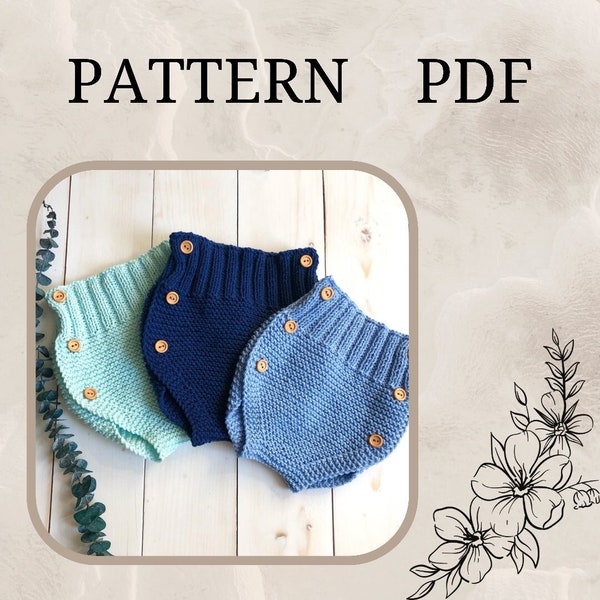 Baby bloomers knitted pattern (PDF), Diaper Cover, Instant Download, 0-3 months, 3-6 months, 6-9 months and 9-12 months