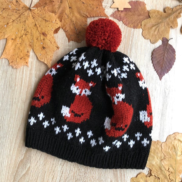 Foxes hat knitted pattern