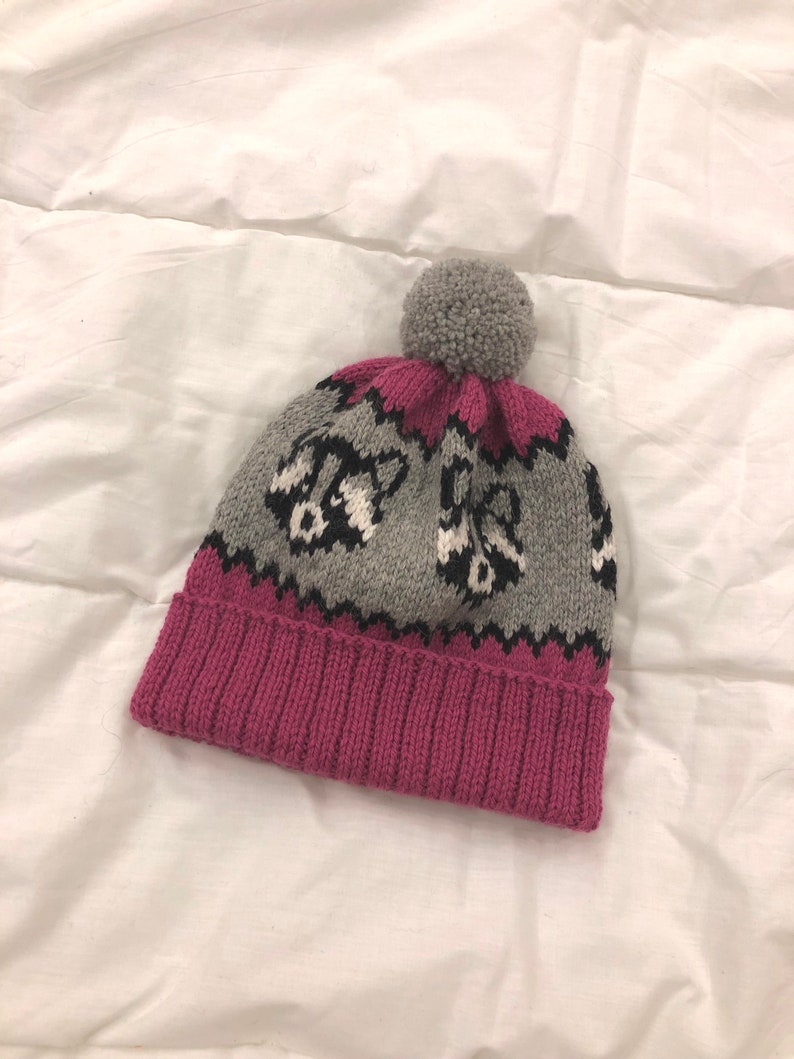 Puede incluir: Un gorro de punto gris y rosa con un pomp&oacute;n en la parte superior. El gorro tiene un patr&oacute;n de mapaches.