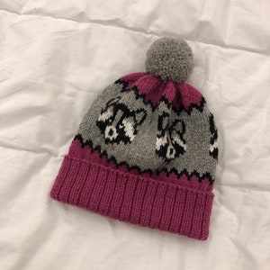 Puede incluir: Un gorro de punto gris y rosa con un pomp&oacute;n en la parte superior. El gorro tiene un patr&oacute;n de mapaches.