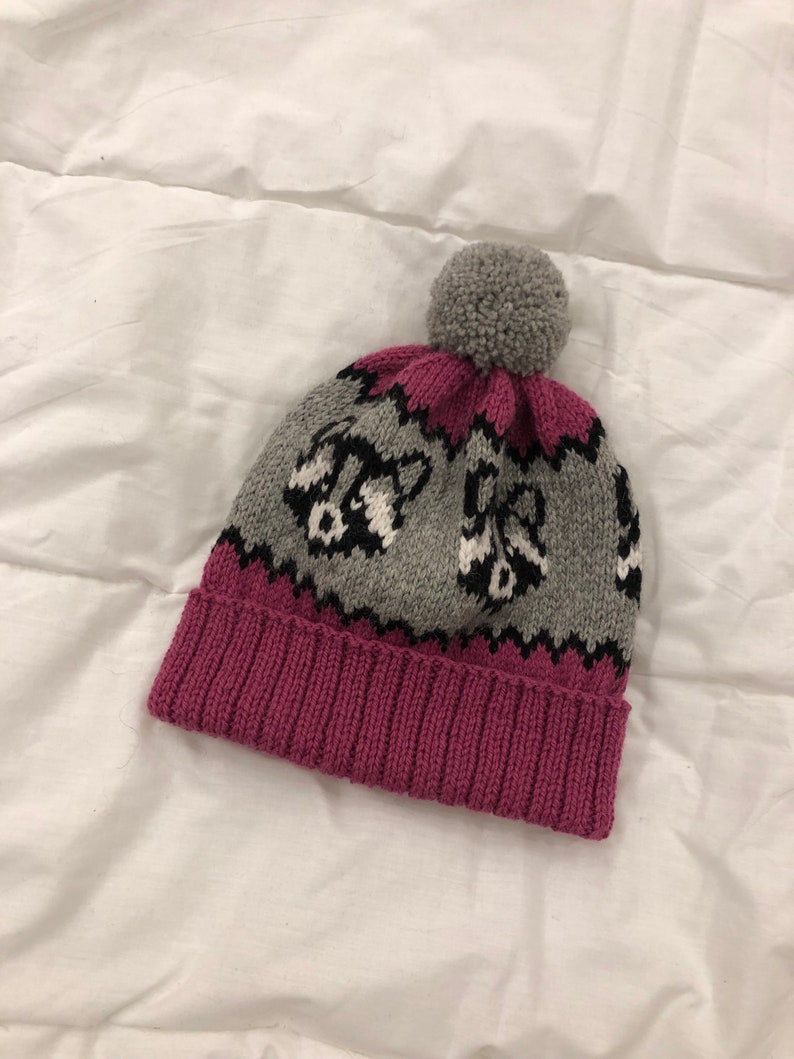 Puede incluir: Un gorro de punto gris y rosa con un pomp&oacute;n en la parte superior. El gorro tiene un patr&oacute;n de mapaches.