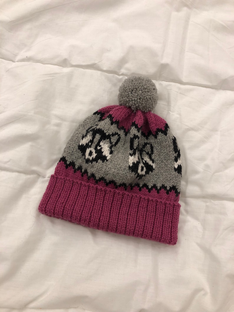 Puede incluir: Un gorro de punto gris y rosa con un pomp&oacute;n en la parte superior. El gorro tiene un patr&oacute;n de mapaches negros y blancos en la parte gris.