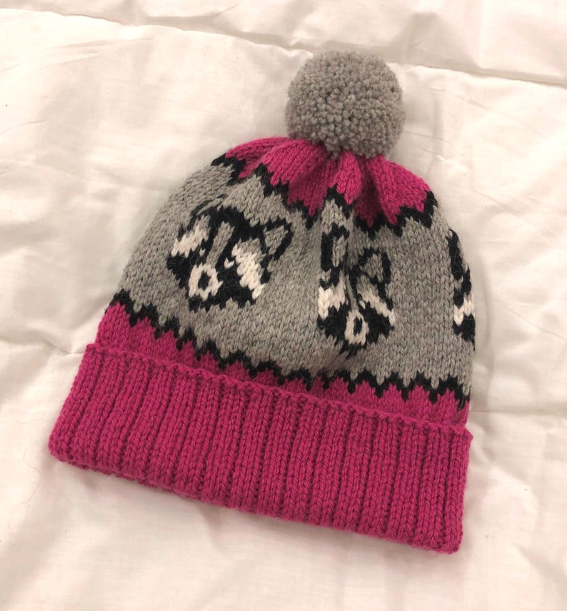 Puede incluir: Un gorro de punto rosa y gris con un pomp&oacute;n en la parte superior. El gorro tiene un patr&oacute;n de mapaches en blanco y negro.