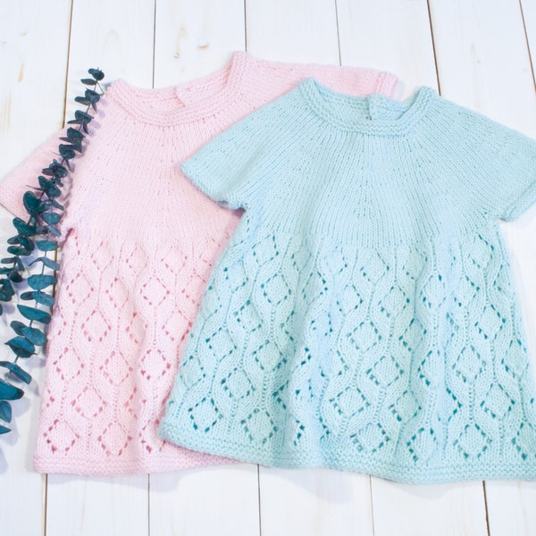 Modèle de tricot de robe de bébé PDF, modèle de tricot de robe à empiècement en dentelle, modèle pour 5 tailles