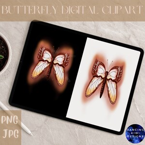 May include: Digital clipart of a brown and white butterfly with a light brown background. The butterfly is in a digital illustration style. The image is on a tablet screen. The text "PNG JPG" is in the lower left corner of the image. The text "Dancing Kiwi Designs" is in the lower right corner of the image.
