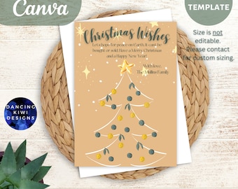 May include: A Christmas card template with a tan background, featuring a stylized Christmas tree with yellow and teal ornaments. The card includes the text "Christmas Wishes" and a holiday message. The card measures 5" x 7".
