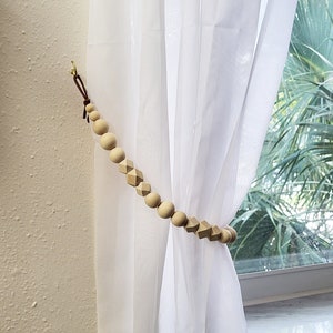 Curtain Tiebacks, Beaded, Wood Boho Curtain Holder, Wooden Drape Holder, Set of 2 Curtain Tie Backs with Hooks, Bohemian Home Decor, Neutral
