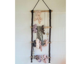 Macrame Ladder Storage for Scrunchies, Jewelry, Headbands, Sunglasses, Bow Holder, Boho Wall Hanging Ladder Decor, Accessories Organization