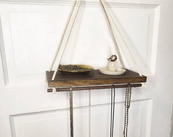 Wooden Jewelry Shelf Organizer, Rope Hanging Shelf with Necklace Hanger, Wall Necklace Storage, Floating Rope Knot Shelf, Ring Holder