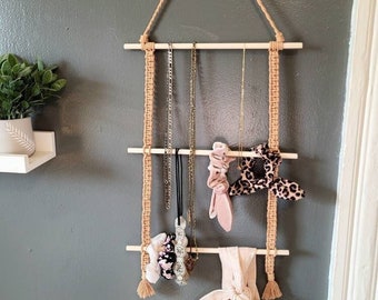 Escalera de macramé para guardar joyas, coleteros, diademas, gafas de sol, soporte para lazos, decoración de escalera bohemia para colgar en la pared, organizador de macramé de madera