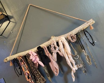Large Driftwood Macrame Jewelry Hanger, Jewelry Storage for Wall, Boho Home Decor, Scrunchie Holder, Bow Organizer, Unique Wall Decor