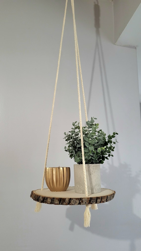 Ceiling-hanging live edge wood shelf with macramé rope — a boho plant/display shelf that brings warmth and texture to any corner without touching a wall.