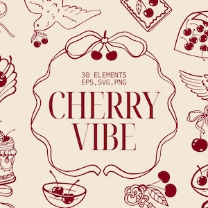 Könnte beinhalten: Ein Set mit 30 Illustrationen zum Thema Kirsche in Rot und Weiß. Die Illustrationen beinhalten Kirschen, einen Vogel, einen Kuchen, einen Amor, einen Schlüssel, eine Muschel und eine Schleife. Der Text "CHERRY VIBE" befindet sich in einem roten Rahmen.