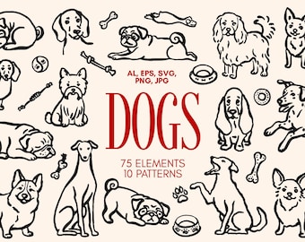 Conjunto de imagens de cães desenhadas à mão | Raças de filhotes em SVG, PNG e EPS