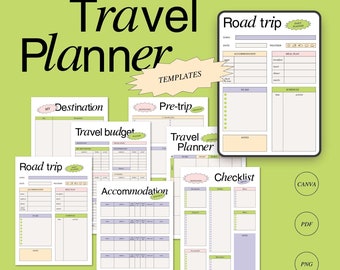 Digital travel planner templates printable, A4 pdf, png, Canva