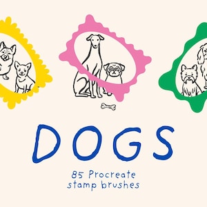 Puede incluir: Ilustración de tres retratos de perros en marcos coloridos. La palabra "DOGS" está escrita en azul, con "85 Procreate stamp brushes" debajo. Los marcos son amarillos, rosas y verdes, cada uno con una raza de perro diferente.