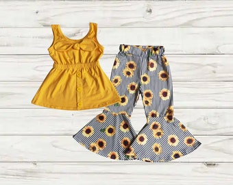 Pants Summer Princess Outfits Dibiao 1-5T Kids Girl Sunflower Print Shirt with Bowknot