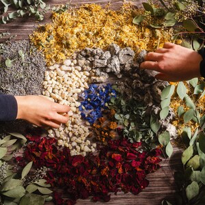 May include: A wooden surface displays an assortment of dried herbs and botanicals, including red rose petals, blue cornflowers, and yellow calendula. Hands are reaching into the arrangement. The scene suggests a natural, organic theme, possibly for crafting or aromatherapy.
