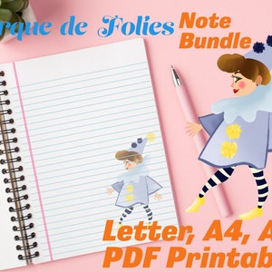 Puede incluir: Un paquete de notas imprimibles con temática de circo. La imagen muestra un cuaderno con papel rayado y una ilustración de un payaso. El texto de la imagen dice "Cirque de Folies Note Bundle, Letter, A4, A5 PDF Printable".