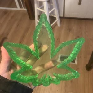 Puede incluir: Un cenicero verde en forma de hoja, hecho de material transparente. El cenicero se sostiene en una mano, con los dedos visibles a través del diseño transparente. Los bordes de la hoja son texturizados, y la forma general es una hoja de cannabis.