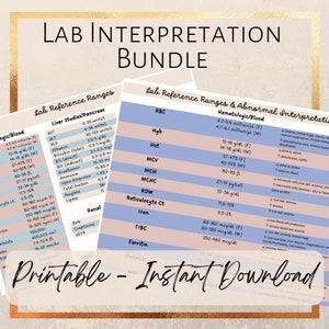May include: Printable lab reference ranges and abnormal interpretation charts for hematologic and liver studies. The charts are in a pink and blue colour scheme with white text. The text includes the lab value, reference range, and abnormal interpretation.