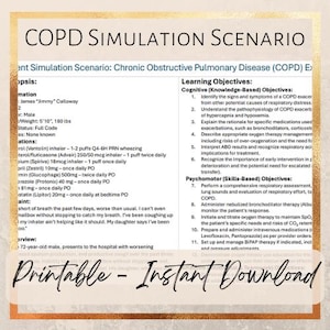 Puede incluir: Documento imprimible de un escenario de simulación de EPOC, con información médica y objetivos de aprendizaje. El documento incluye información del paciente, medicamentos y la queja principal del paciente. El texto "Printable - Instant Download" está en la parte inferior.