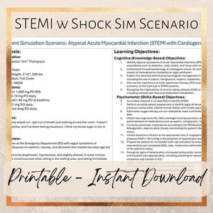 Puede incluir: Una descarga digital imprimible que presenta un escenario de simulación médica titulado "STEMI w Shock Sim Scenario". El documento describe los objetivos de aprendizaje, la información del paciente y una visión clínica, todo sobre un fondo crema con un borde dorado.
