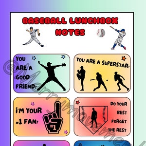 48 Stück Baseball Lunchbox Notizen | 24 bunte Karten zum Ausdrucken mit Schwarz-Weiß-Kopien Affirmationen Baseball Spiel | Positive Botschaften Baseball Theme