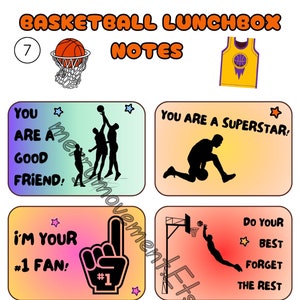 48 peças de notas de lancheira temática de basquete | Cartões para download para entusiastas do basquete | 24 afirmações coloridas + 24 em preto e branco sobre basquete