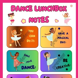 48 Stück Ballerina Lunchbox Notizen | Tanzende Lunchbox Karten|Positive Botschaften|Süße kleine Tänzer Pintables|24 bunte Prints|24 B&W Prints