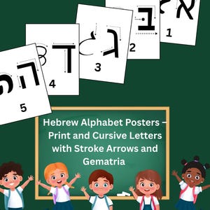 Hebreiska alfabetet inlärningsaffisch: Kursiva bokstäver, Gematria (digital nedladdning)