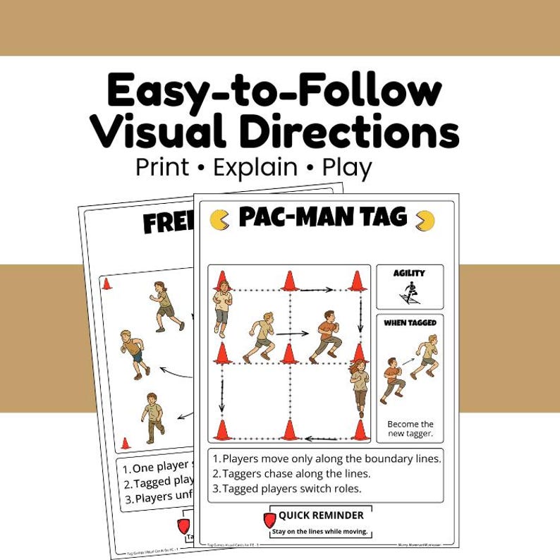 May include: Two white printed sheets with visual directions for a game called "Pac-Man Tag." The sheets have illustrations of stick figures running around orange cones. The text reads "Easy-to-Follow Visual Directions: Print, Explain, Play."