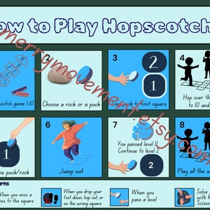 How to Play Hopscotch Poster | Outdoor Sidewalk Sign | Playground Hopscotch Game Rules Sign | Yard Game Illustrated Sign for Kids |