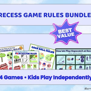 Recess Games Rules Posters Bundle | Playground Signs for Kids | PE Activities Printable | Gaga Ball, Tetherball, Four Square, Hopscotch