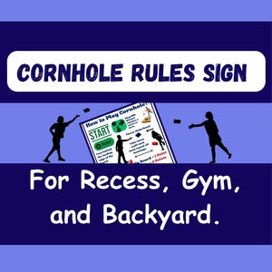 Op de afbeelding: Een marineblauw bord met witte tekst met de tekst "CORNHOLE RULES SIGN". Hieronder staat op het bord "For Recess, Gym, and Backyard". Een kleiner bord laat zien hoe je cornhole speelt. Silhouetten van mensen die cornhole spelen zijn ook afgebeeld.