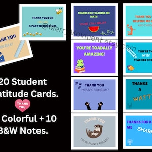 10 notas de agradecimiento para profesores de parte de estudiantes/Tarjetas de agradecimiento para la Semana de la Apreciación/10 tarjetas coloridas + 10 en blanco y negro para imprimir fácilmente/Notas imprimibles