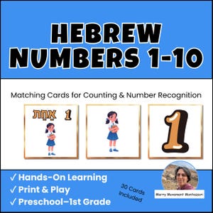 May include: Educational set of Hebrew Numbers 1-10 matching cards for counting and number recognition. The cards feature illustrations of a girl holding books, the number 1, and Hebrew text. Includes 30 cards for hands-on learning, print and play.