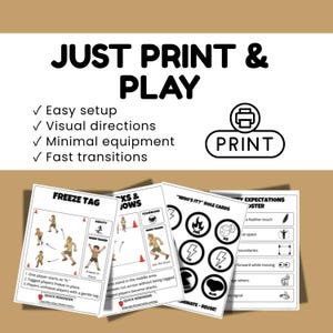 May include: A collection of printable game cards with the text "JUST PRINT & PLAY". The cards include instructions for games like Freeze Tag and role cards. The design features illustrations and simple instructions for easy setup and fast transitions.