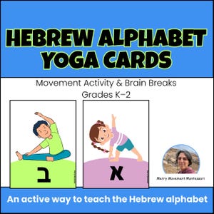 Puede incluir: Tarjetas de yoga del alfabeto hebreo con el texto Movement Activity & Brain Breaks Grades K-2 y An active way to teach the Hebrew alphabet. Dos tarjetas muestran ilustraciones de niños en posturas de yoga con las letras hebreas Bet y Aleph.