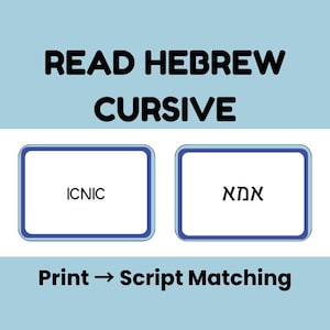 May include: A light blue graphic with the words "READ HEBREW CURSIVE" in bold black letters. Below are two white rectangles with blue borders, one with the word "ICNIC" and the other with Hebrew text. The text "Print -> Script Matching" is at the bottom.