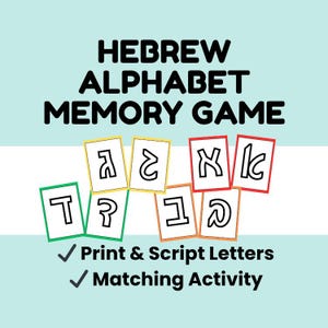 May include: A light blue background with the text "HEBREW ALPHABET MEMORY GAME". Several colorful cards with Hebrew letters are displayed. The text "Print & Script Letters" and "Matching Activity" are also shown.