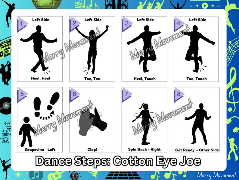 Steps poster for the dance Cotton Eye Joe. Help your students learn the steps by practicing independently. Use this poster as a brain break in the classroom or as part of movement and dance.